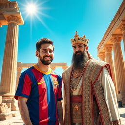 A stunning artistic representation of Lionel Messi meeting Cyrus the Great at Persepolis (Takhte Jamshid)