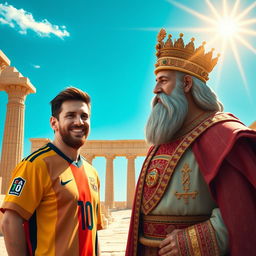 A stunning artistic representation of Lionel Messi meeting Cyrus the Great at Persepolis (Takhte Jamshid)