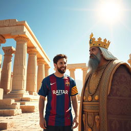 A stunning artistic representation of Lionel Messi meeting Cyrus the Great at Persepolis (Takhte Jamshid)