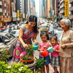 A vibrant urban scene depicting a woman wearing a traditional Filipiniana dress, gracefully planting flowers in a pot amidst a bustling city filled with cars