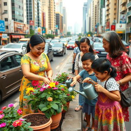 A vibrant urban scene depicting a woman wearing a traditional Filipiniana dress, gracefully planting flowers in a pot amidst a bustling city filled with cars