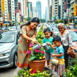 A vibrant urban scene depicting a woman wearing a traditional Filipiniana dress, gracefully planting flowers in a pot amidst a bustling city filled with cars