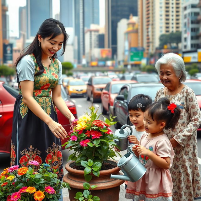 A vibrant urban scene depicting a woman wearing a traditional Filipiniana dress, gracefully planting flowers in a pot amidst a bustling city filled with cars