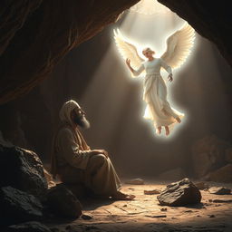 The Prophet Muhammad in the Cave of Hira, receiving the first revelation from the angel Gabriel