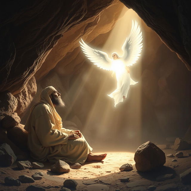 The Prophet Muhammad in the Cave of Hira, receiving the first revelation from the angel Gabriel