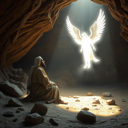 The Prophet Muhammad in the Cave of Hira, receiving the first revelation from the angel Gabriel