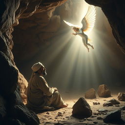 The Prophet Muhammad in the Cave of Hira, receiving the first revelation from the angel Gabriel
