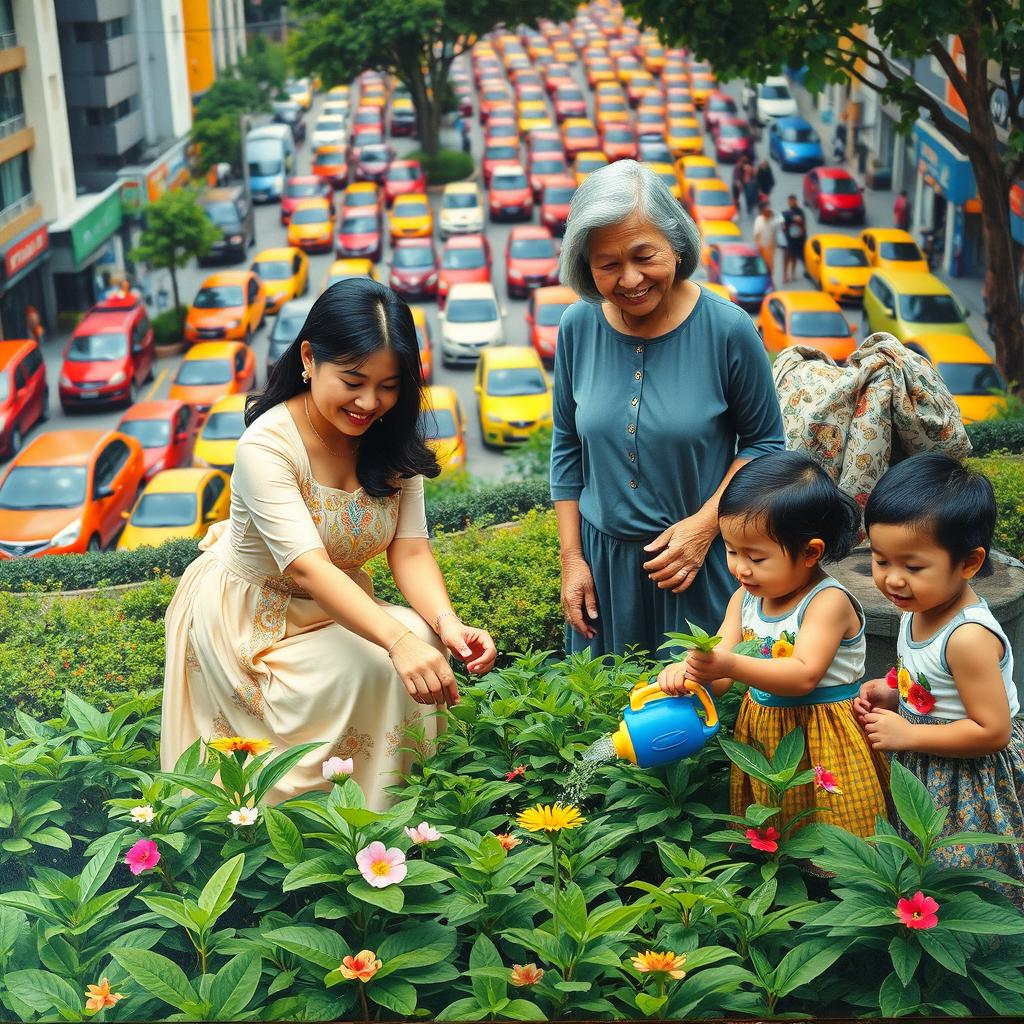 A vibrant scene of a woman dressed in a traditional Filipiniana dress, gracefully planting in a lush green patch amidst a bustling city backdrop filled with colorful cars