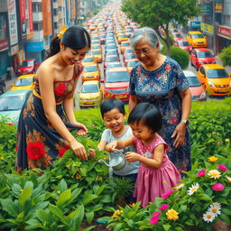 A vibrant scene of a woman dressed in a traditional Filipiniana dress, gracefully planting in a lush green patch amidst a bustling city backdrop filled with colorful cars