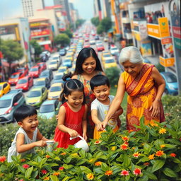 A vibrant scene of a woman dressed in a traditional Filipiniana dress, gracefully planting in a lush green patch amidst a bustling city backdrop filled with colorful cars
