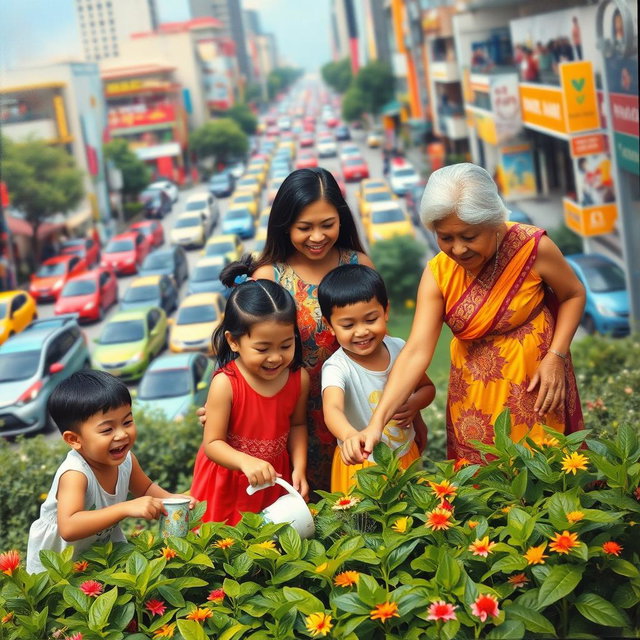 A vibrant scene of a woman dressed in a traditional Filipiniana dress, gracefully planting in a lush green patch amidst a bustling city backdrop filled with colorful cars