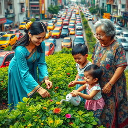 A vibrant scene of a woman dressed in a traditional Filipiniana dress, gracefully planting in a lush green patch amidst a bustling city backdrop filled with colorful cars