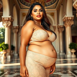 A stunningly beautiful Indian plus-sized woman, not fat, adorned in a sheer lace pant, showcasing a heart-shaped giant booty and proportionate breasts