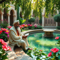 Sadi sitting beside a beautiful, ornate garden pond, surrounded by vibrant flowers and lush greenery
