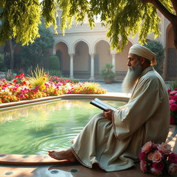 Sadi sitting beside a beautiful, ornate garden pond, surrounded by vibrant flowers and lush greenery