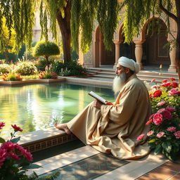 Sadi sitting beside a beautiful, ornate garden pond, surrounded by vibrant flowers and lush greenery