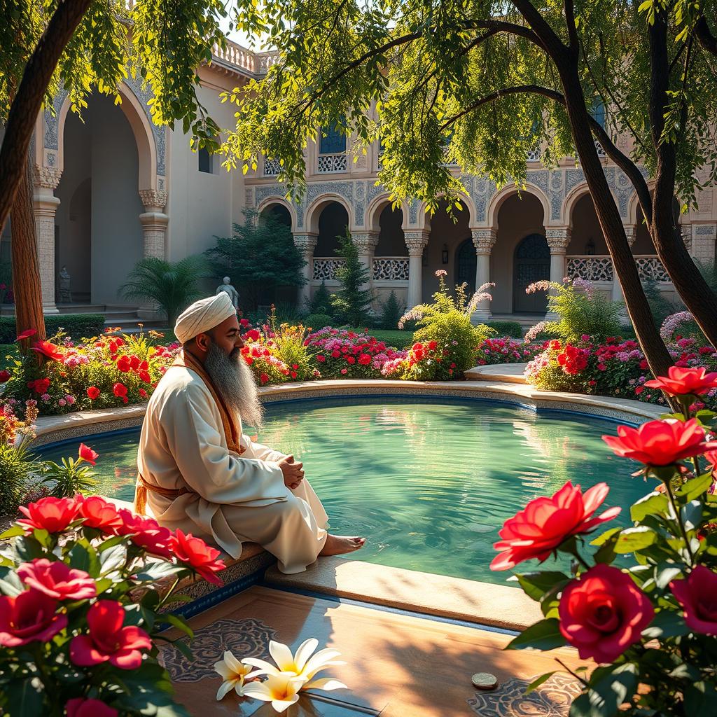 Sadi sitting beside a beautiful, ornate garden pond, surrounded by vibrant flowers and lush greenery