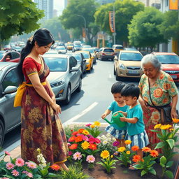 A woman wearing a traditional Filipiniana dress, gracefully planting flowers in a bustling city environment filled with cars