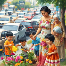 A woman wearing a traditional Filipiniana dress, gracefully planting flowers in a bustling city environment filled with cars