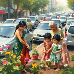 A woman wearing a traditional Filipiniana dress, gracefully planting flowers in a bustling city environment filled with cars