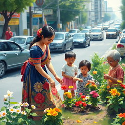 A woman wearing a traditional Filipiniana dress, gracefully planting flowers in a bustling city environment filled with cars