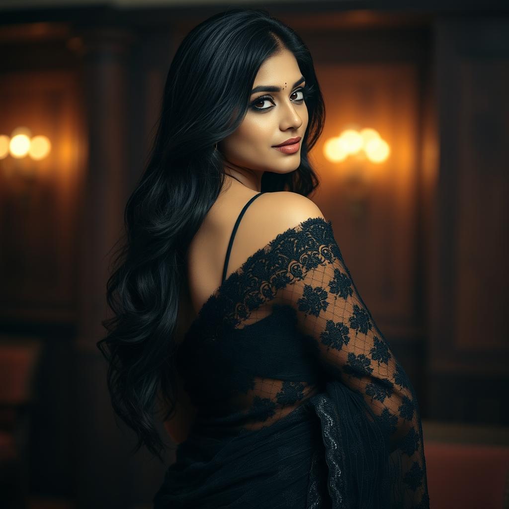 A stunning Indian woman wearing an intricate black net saree that elegantly drapes her silhouette, highlighting her curves and featuring sheer elements that reveal her graceful figure