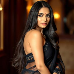 A stunning Indian woman wearing an intricate black net saree that elegantly drapes her silhouette, highlighting her curves and featuring sheer elements that reveal her graceful figure