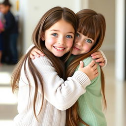 Two young girls embracing each other joyfully