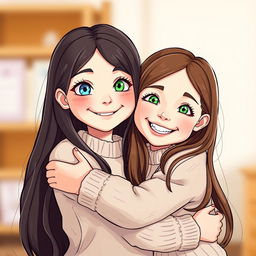 Two young girls embracing each other joyfully