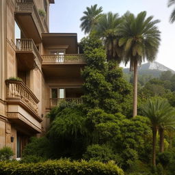 A large duplex house with an expansive balcony lined with ornate railing, surrounded by lush scenery.