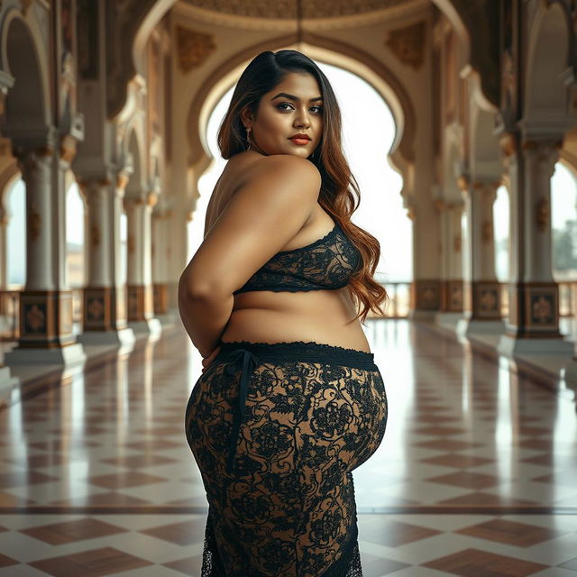 A stunningly beautiful Indian plus-sized woman, not fat, wearing a lace pant that accentuates her heart-shaped giant booty and proportionate breasts