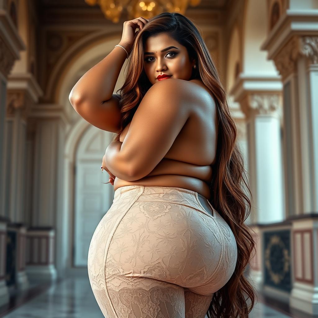 A stunningly beautiful Indian plus-sized woman, not fat, wearing a lace pant that accentuates her heart-shaped giant booty and proportionate breasts