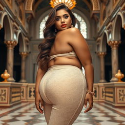 A stunningly beautiful Indian plus-sized woman, not fat, wearing a lace pant that accentuates her heart-shaped giant booty and proportionate breasts