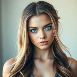 A captivating portrait of a young woman with striking features