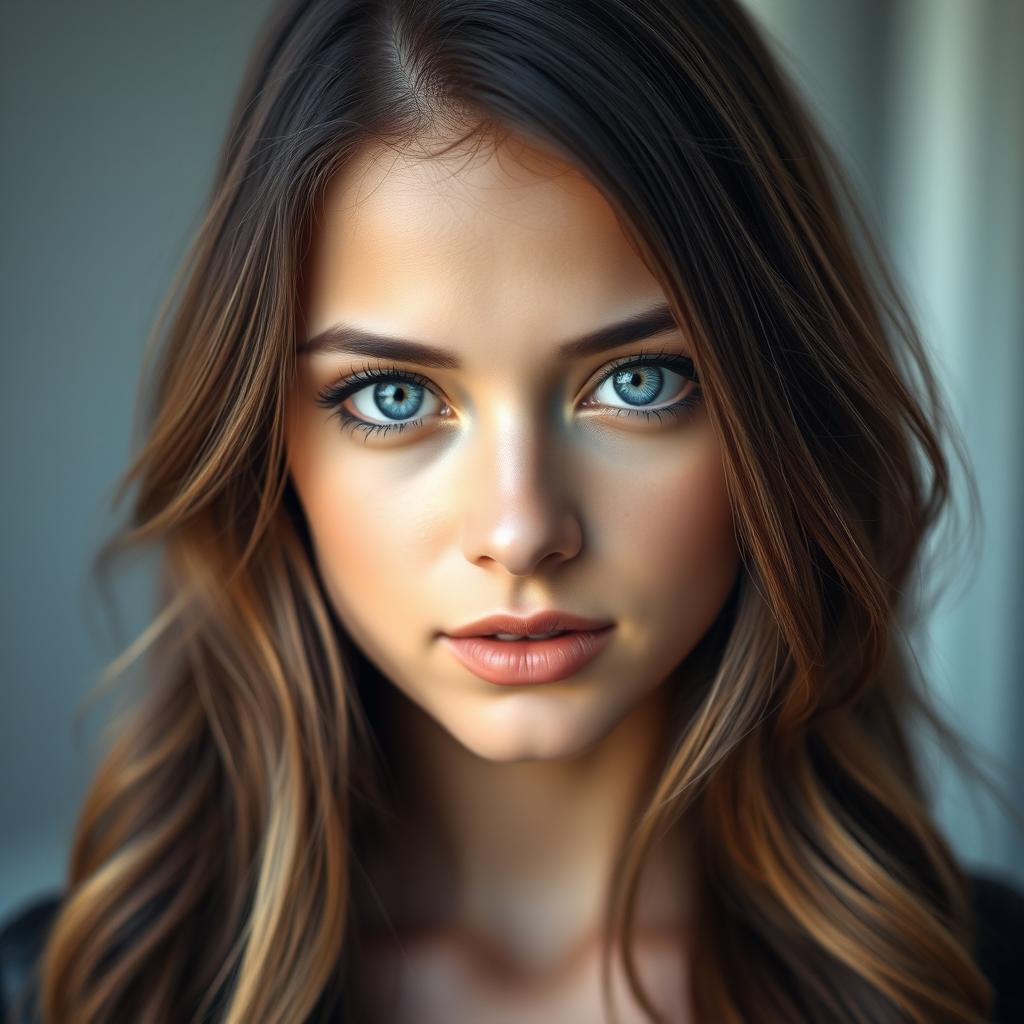 A captivating portrait of a young woman with striking features