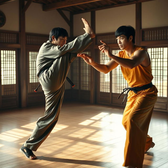 Jackie Chan and Bruce Lee engaging in an intense martial arts training session