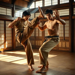 Jackie Chan and Bruce Lee engaging in an intense martial arts training session