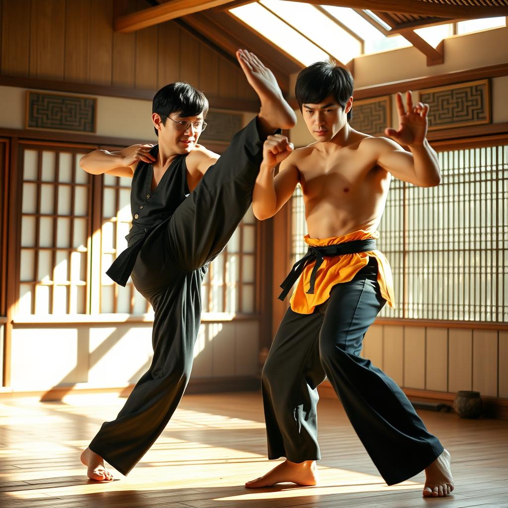 Jackie Chan and Bruce Lee engaging in an intense martial arts training session
