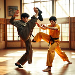Jackie Chan and Bruce Lee engaging in an intense martial arts training session