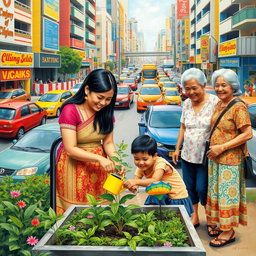 A vibrant scene depicting a woman in a traditional Filipiniana dress, planting in a small green space amidst a busy city backdrop filled with colorful cars and bustling activities