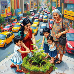 A vibrant scene depicting a woman in a traditional Filipiniana dress, planting in a small green space amidst a busy city backdrop filled with colorful cars and bustling activities