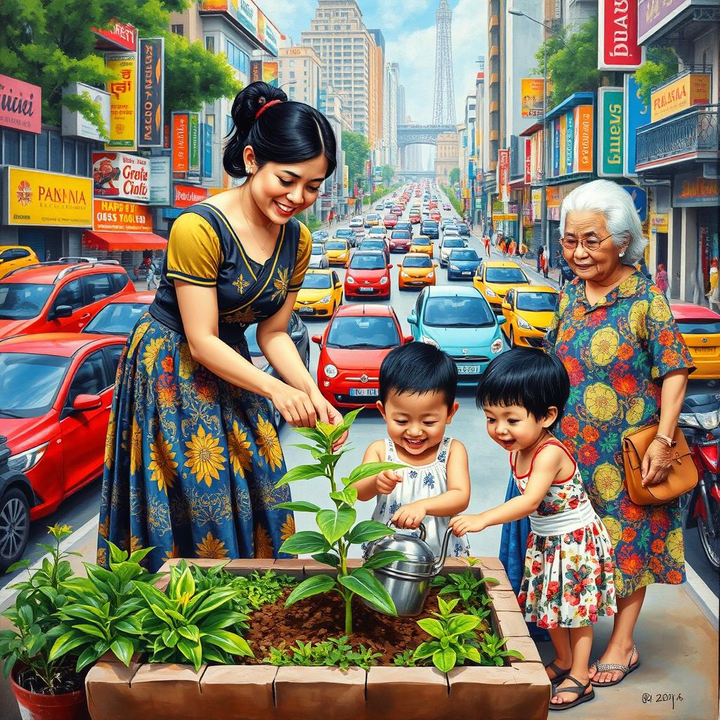A vibrant scene depicting a woman in a traditional Filipiniana dress, planting in a small green space amidst a busy city backdrop filled with colorful cars and bustling activities