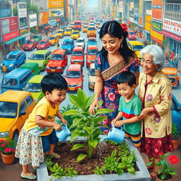 A vibrant scene depicting a woman in a traditional Filipiniana dress, planting in a small green space amidst a busy city backdrop filled with colorful cars and bustling activities