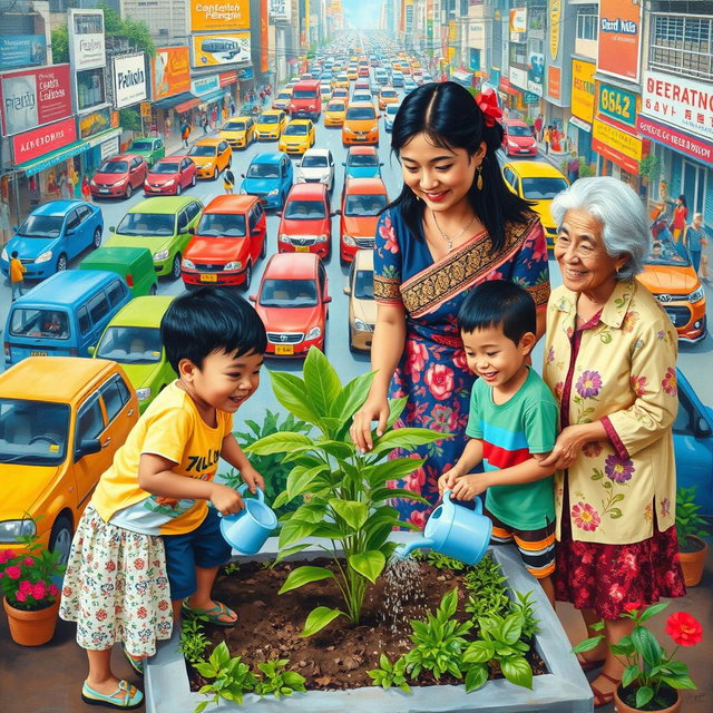 A vibrant scene depicting a woman in a traditional Filipiniana dress, planting in a small green space amidst a busy city backdrop filled with colorful cars and bustling activities