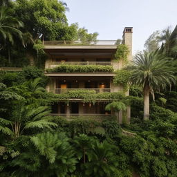 A large duplex house with an expansive balcony lined with ornate railing, surrounded by lush scenery.