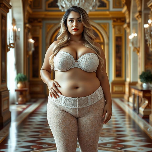 A stunningly beautiful Indian plus-sized woman, not fat, wearing a transparent lace pant that highlights her heart-shaped giant booty and proportionate breasts