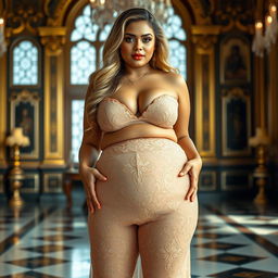 A stunningly beautiful Indian plus-sized woman, not fat, wearing a transparent lace pant that highlights her heart-shaped giant booty and proportionate breasts