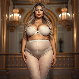 A stunningly beautiful Indian plus-sized woman, not fat, wearing a transparent lace pant that highlights her heart-shaped giant booty and proportionate breasts