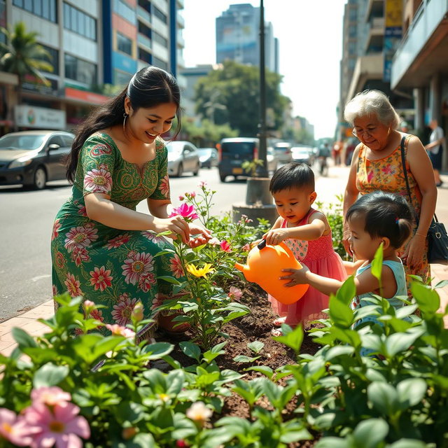 A scene in a bustling city where a woman in a beautiful traditional Filipiniana dress is planting flowers in a small urban garden