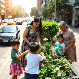 A scene in a bustling city where a woman in a beautiful traditional Filipiniana dress is planting flowers in a small urban garden